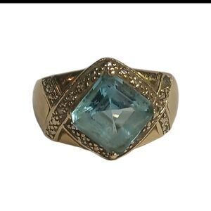 Vintage 14K Yellow Gold Aquamarine Diamond Accent Cocktail Ring Size 13 5.5g